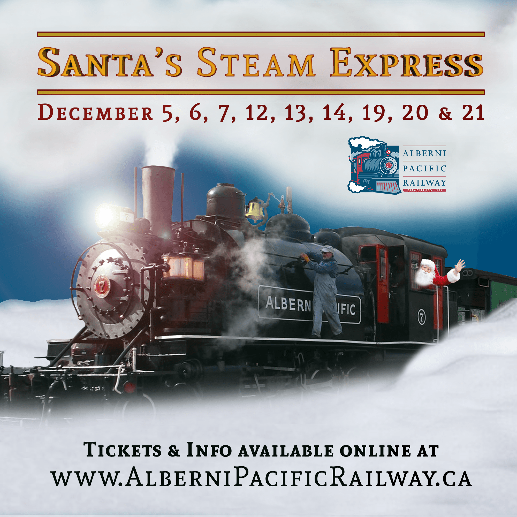 Heritage steam train in snowy landscape offering holiday rides