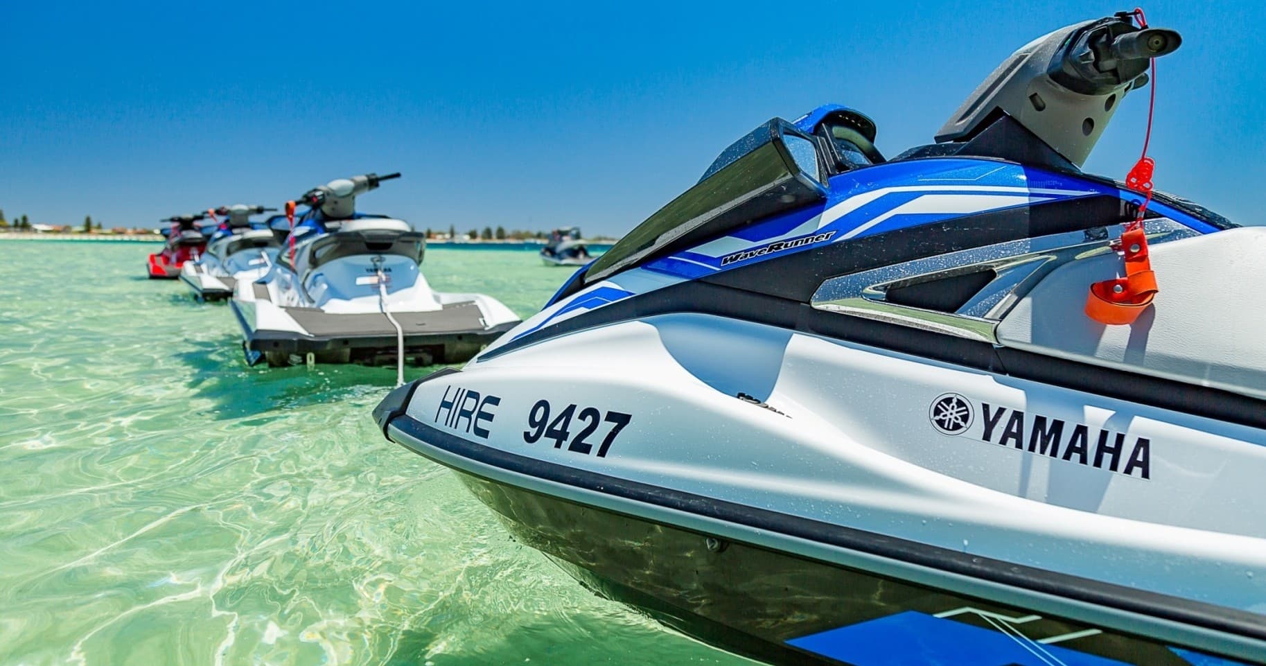 Close-up Yamaha jet ski on clear turquoise water, Perth coast