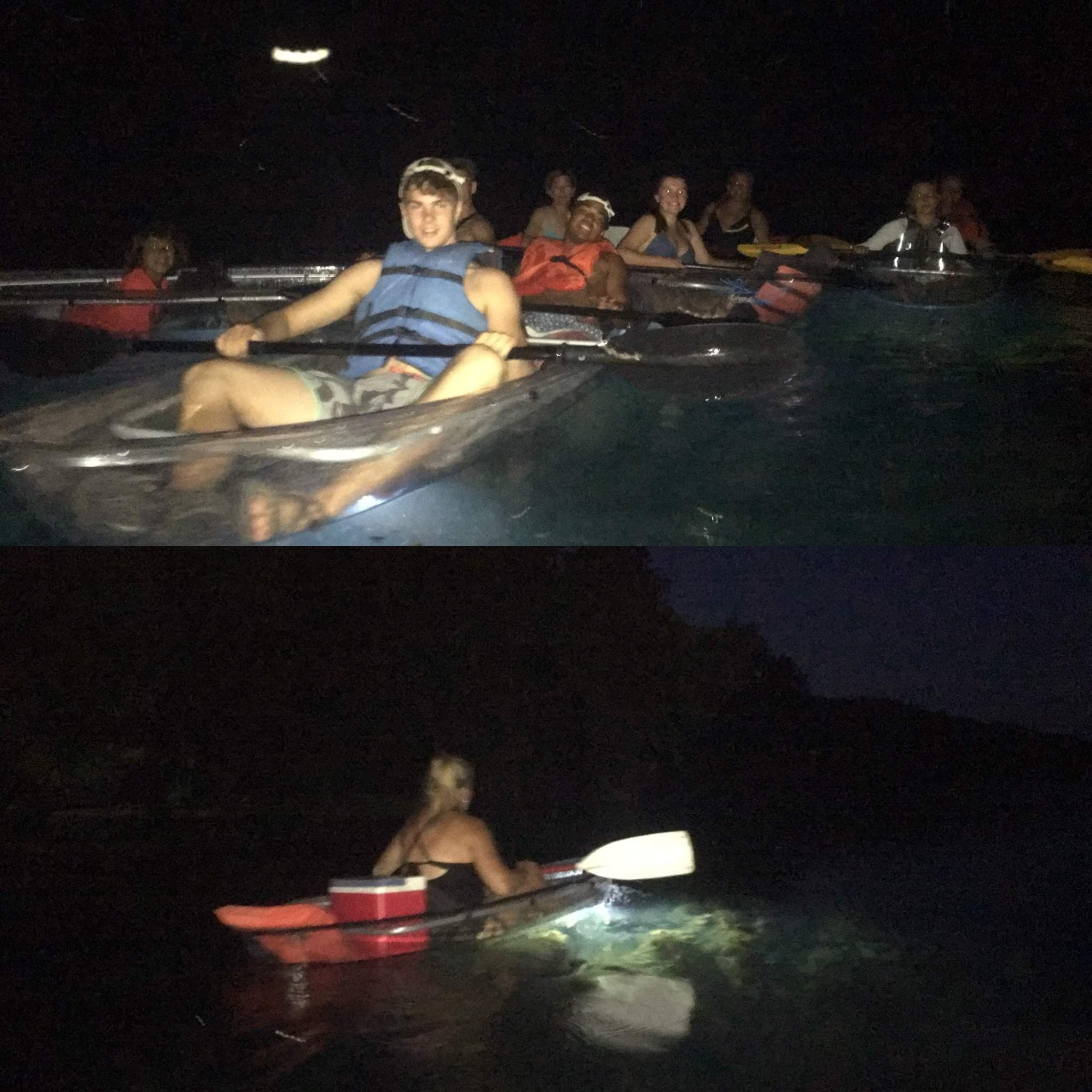 Group night kayaking in clear kayaks under moonlight on river