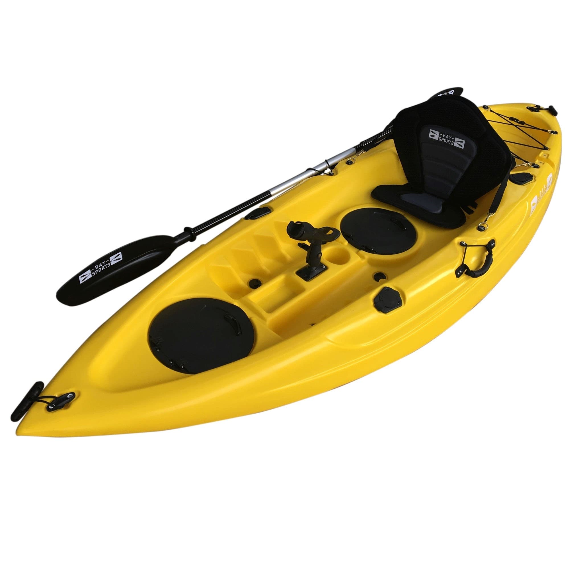 Yellow sit-on-top kayak photographed on white studio backdrop