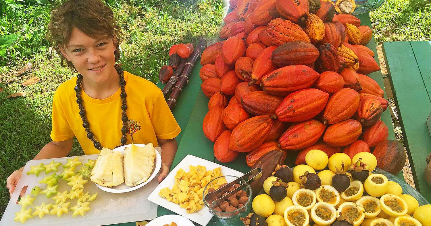 Child tasting tropical fruit beside pile of cacao pods outdoors