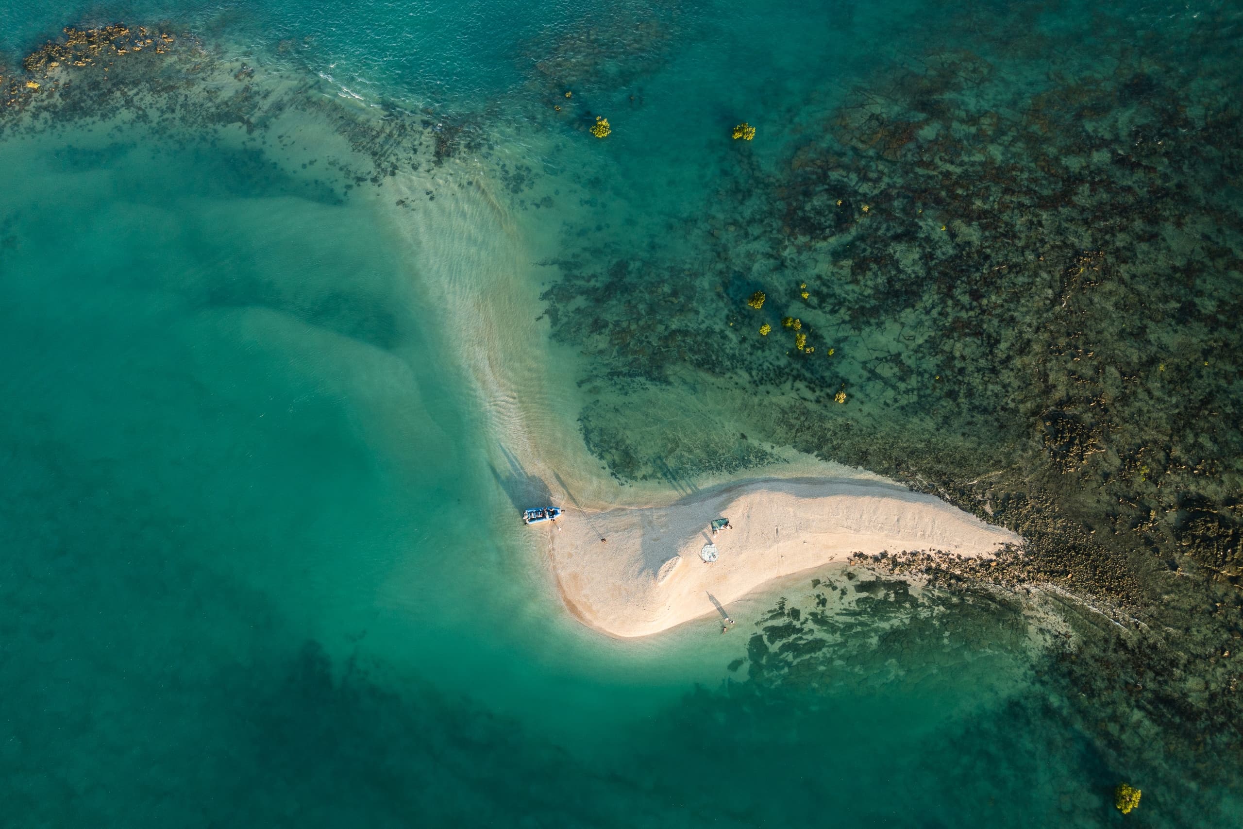 Aerial sandbar and turquoise lagoon at Cygnet Bay pearl farm