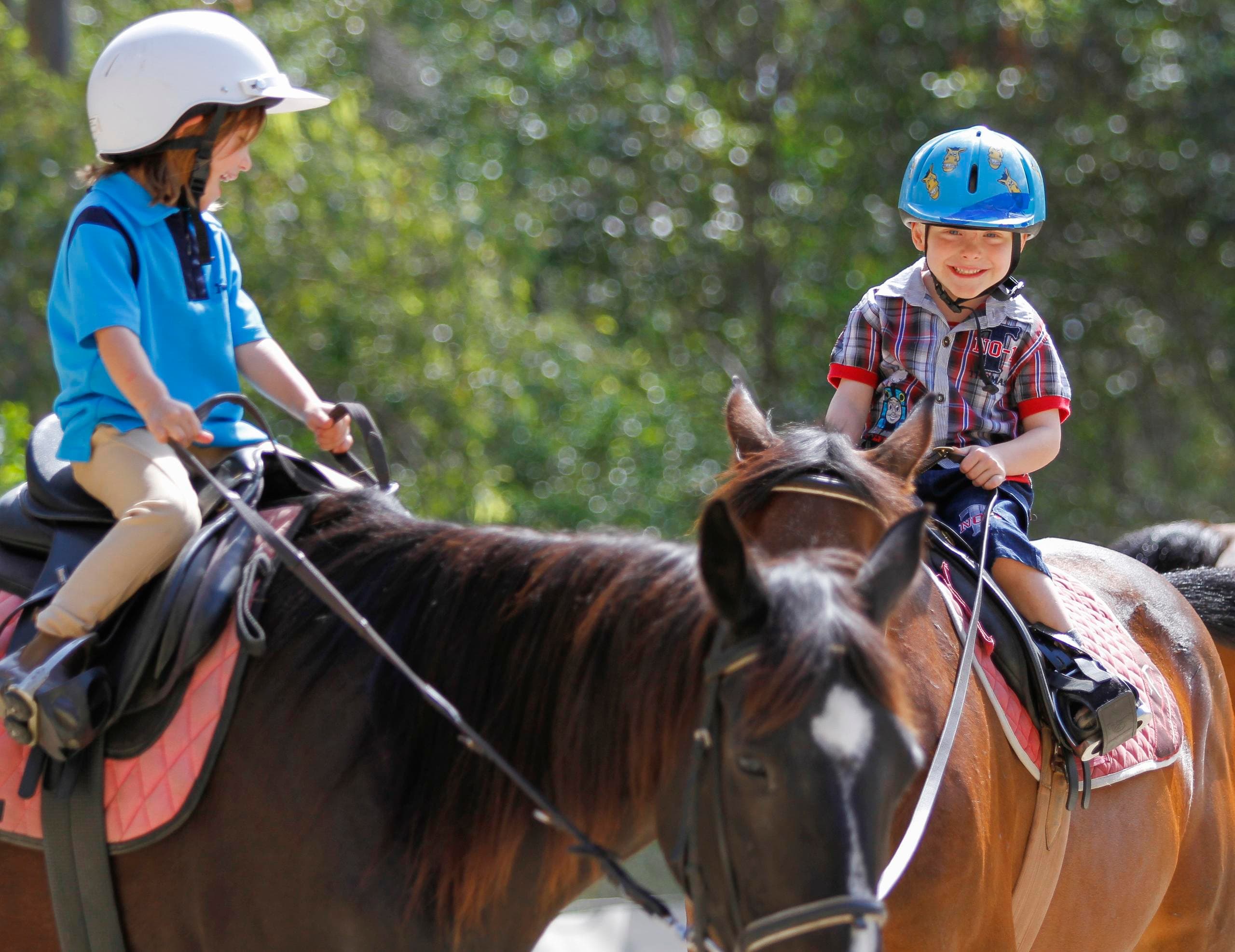 Close-up of kids on horse in sunlit wooded riding area