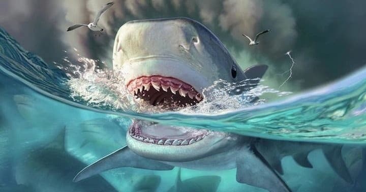 Great white shark breaching in coastal surf, dramatic predation