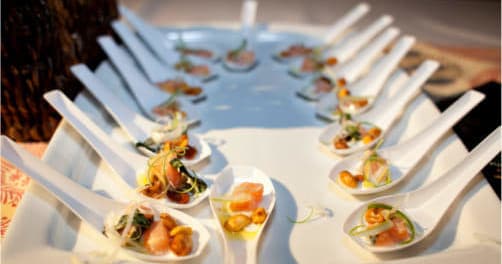 Gourmet tasting spoons plated for food tour restaurant sampling