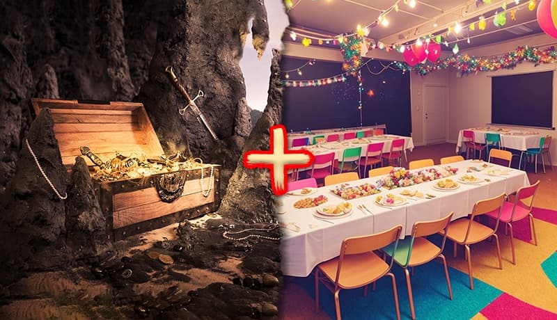 Buried treasure cave scene merged with indoor party setting