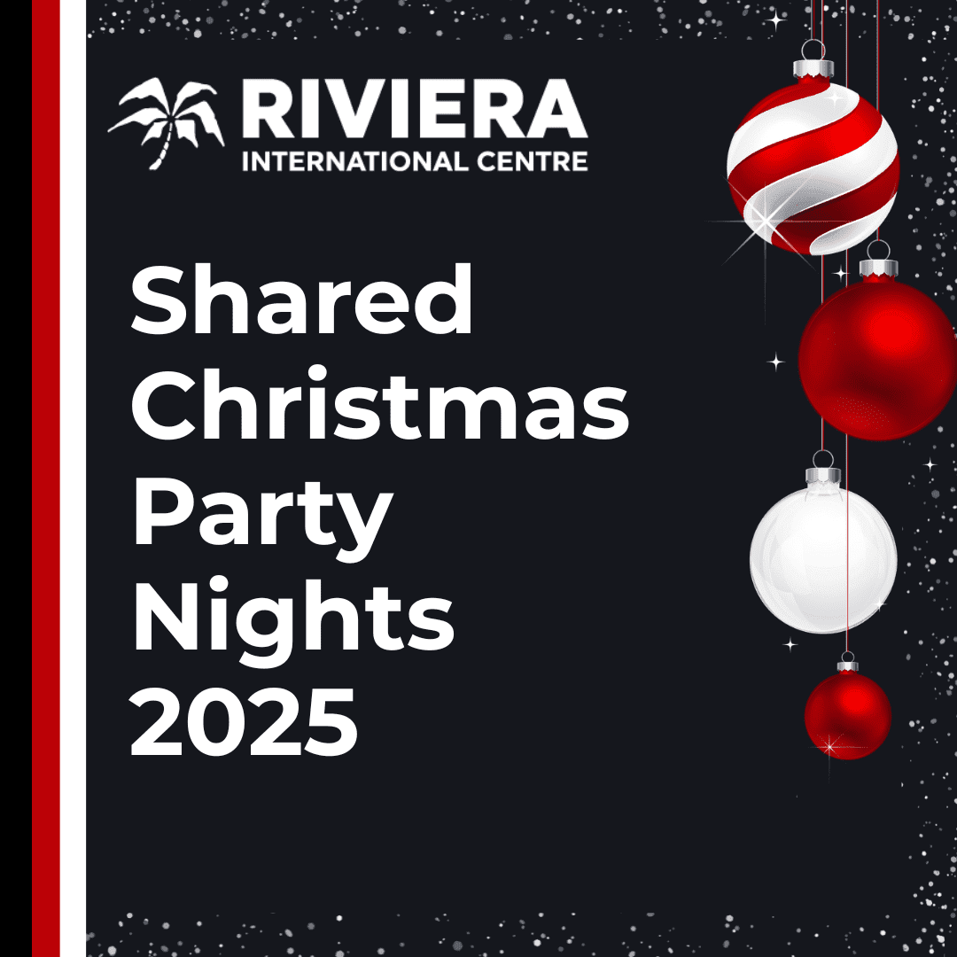Christmas party poster for Riviera Centre with festive ornaments