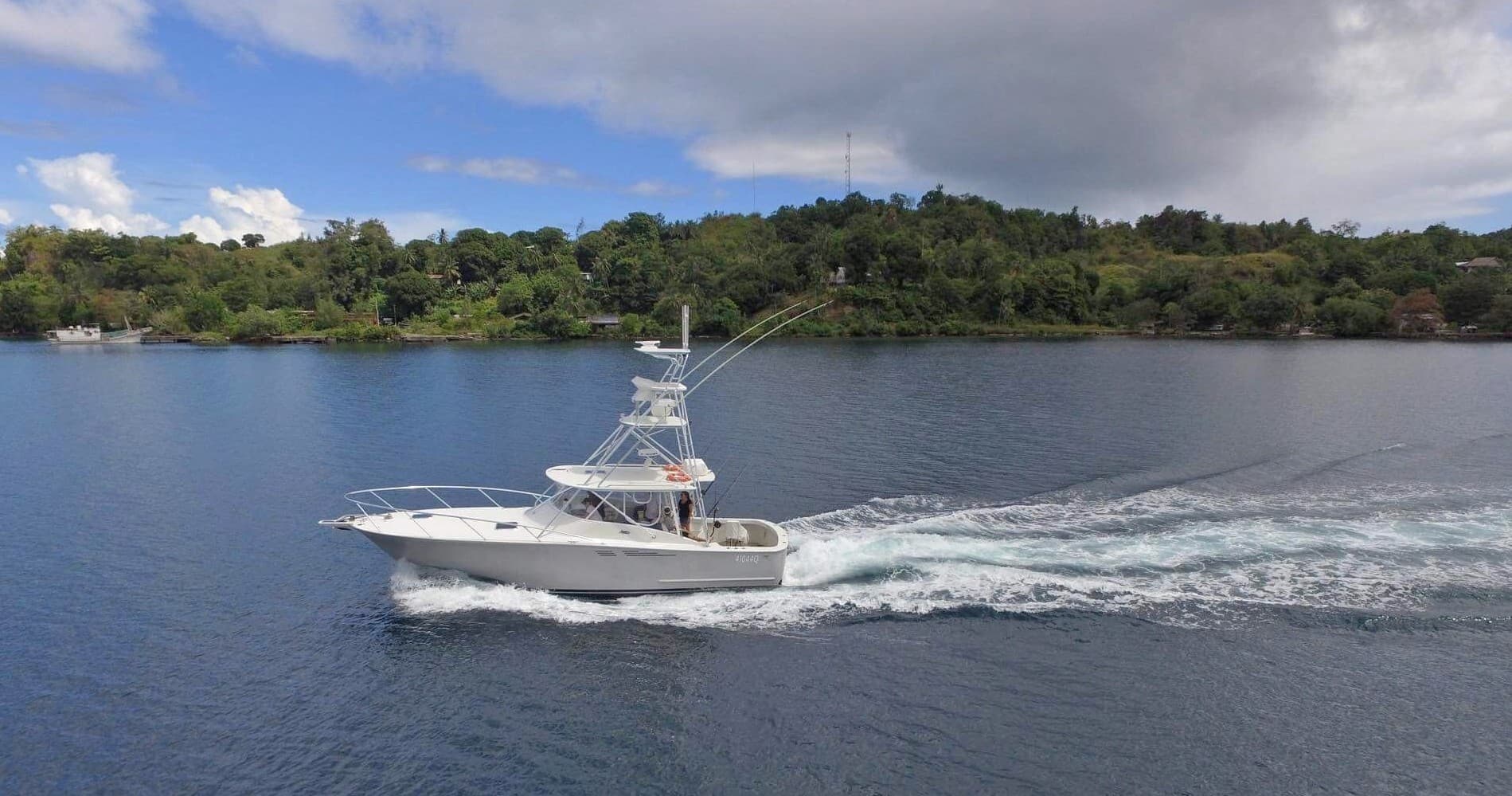 Sportfishing boat cruising coastal waters near lush island shoreline