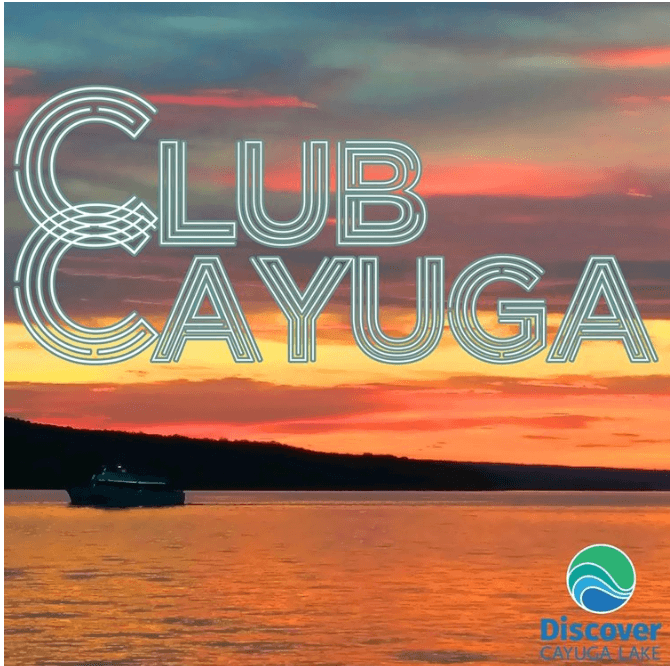 Sunset promotional image for Club Cayuga boat cruises on lake