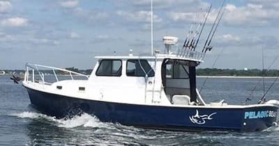 Fishing charter boat cruising coastal waters, PelagicBeast vessel
