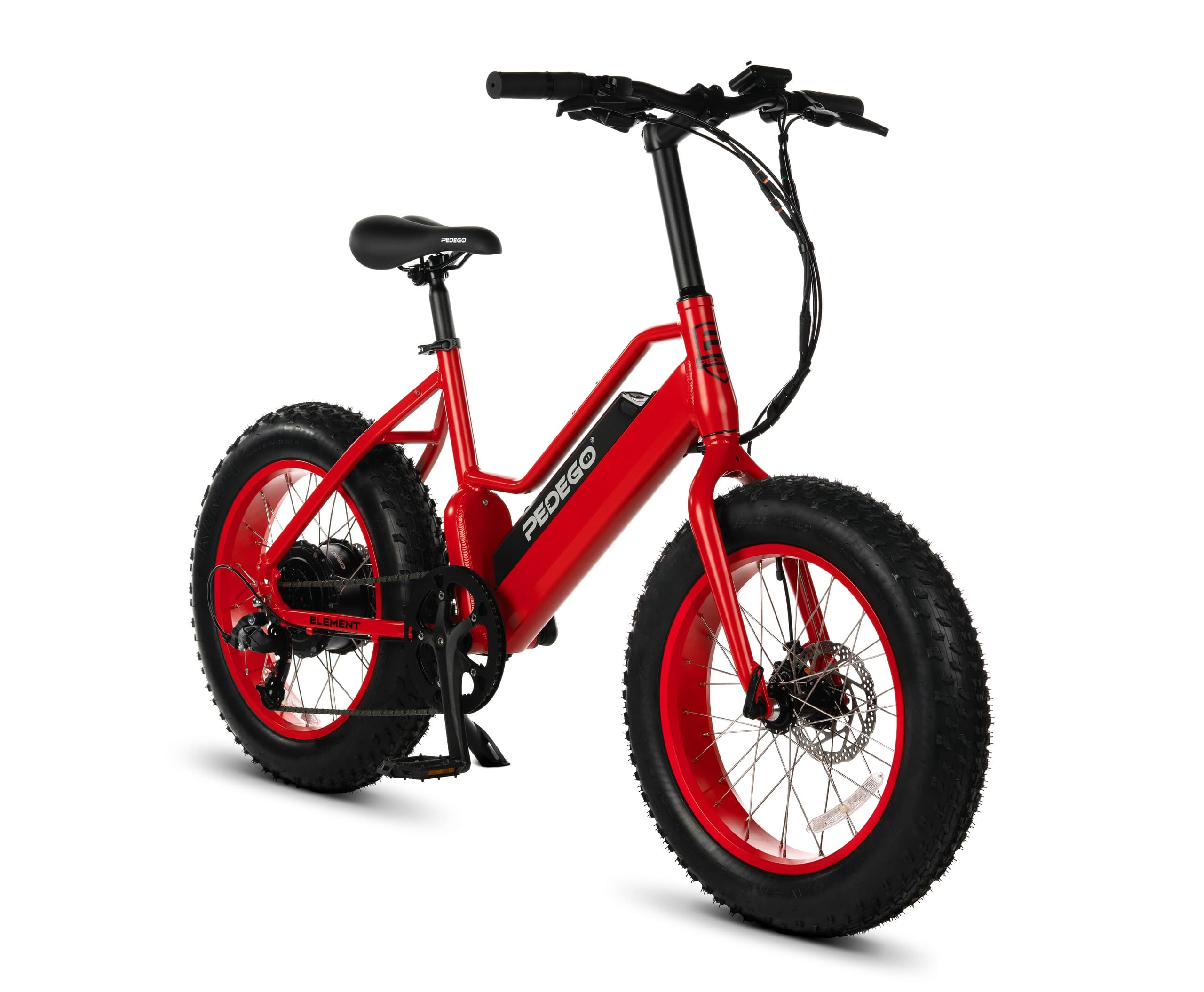Red fat-tire electric bike on white studio backdrop