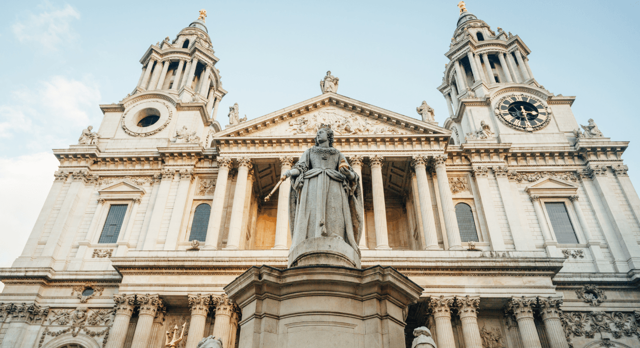 St Paul's Cathedral façade with visitors, historic outdoor London landmark