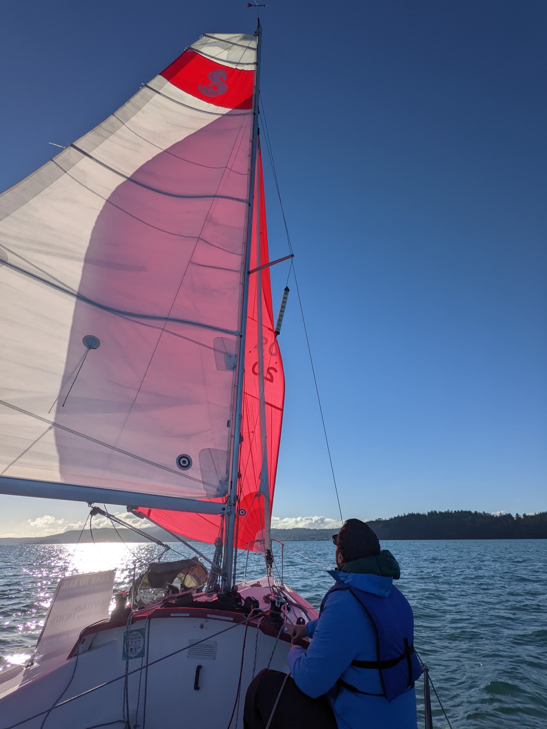 Spinnaker sailing at sunset with skipper steering near island coastline