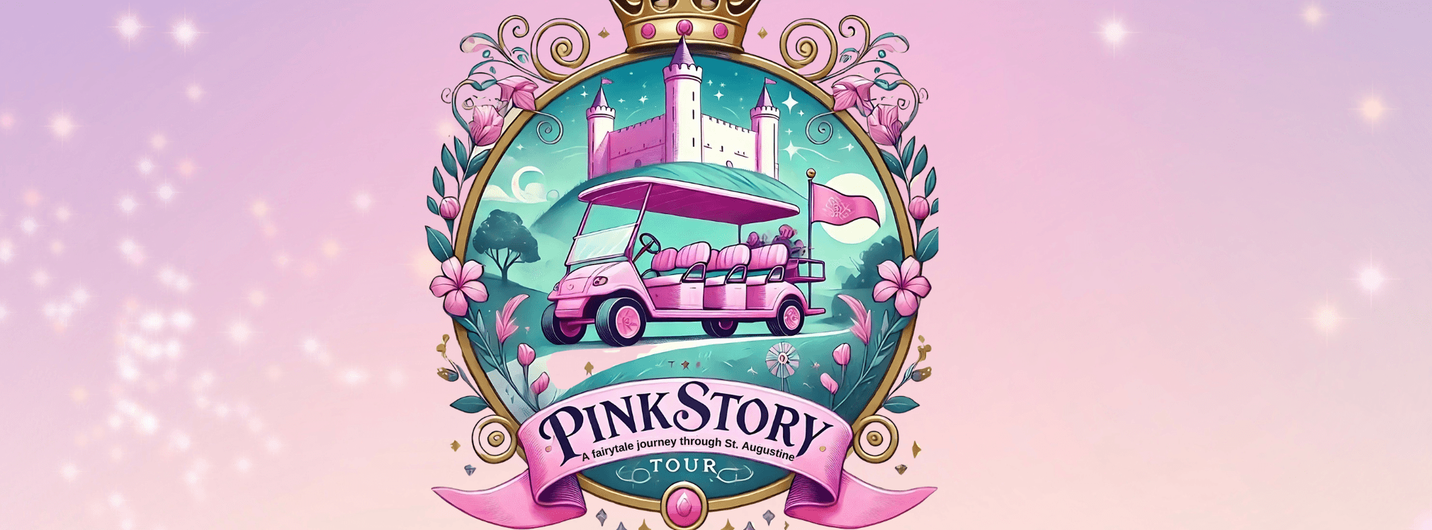 Pink tour van logo with castle backdrop, whimsical tour branding