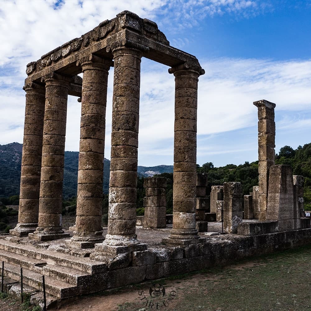 Ancient temple ruins on hillside for outdoor archaeological exploration