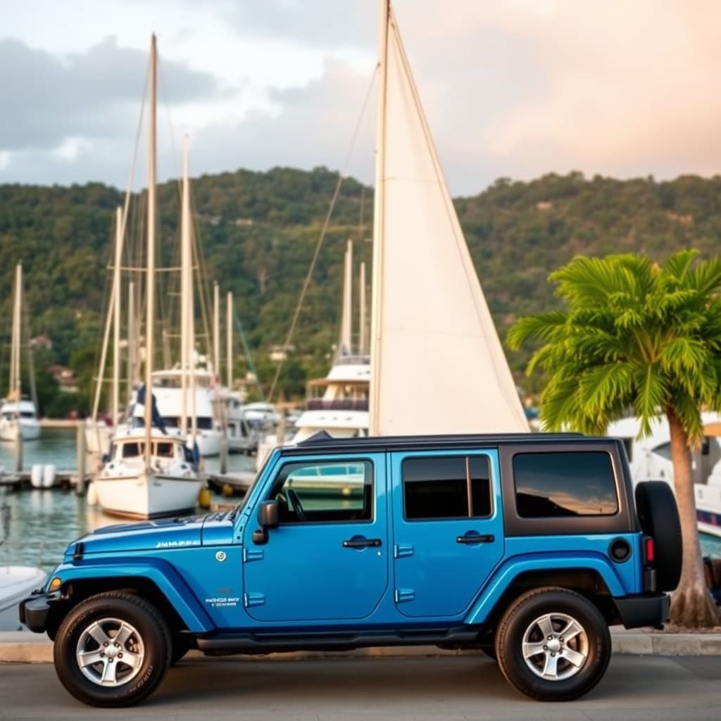 Blue Jeep parked at marina with sailboats and palm trees
