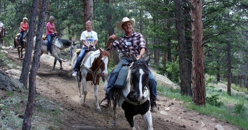 Guided horseback ride along wooded mountain trail with group