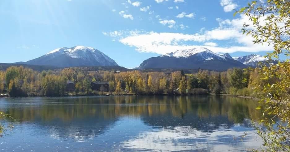 Snow-capped peaks reflected on alpine lake, Colorado scenic vista