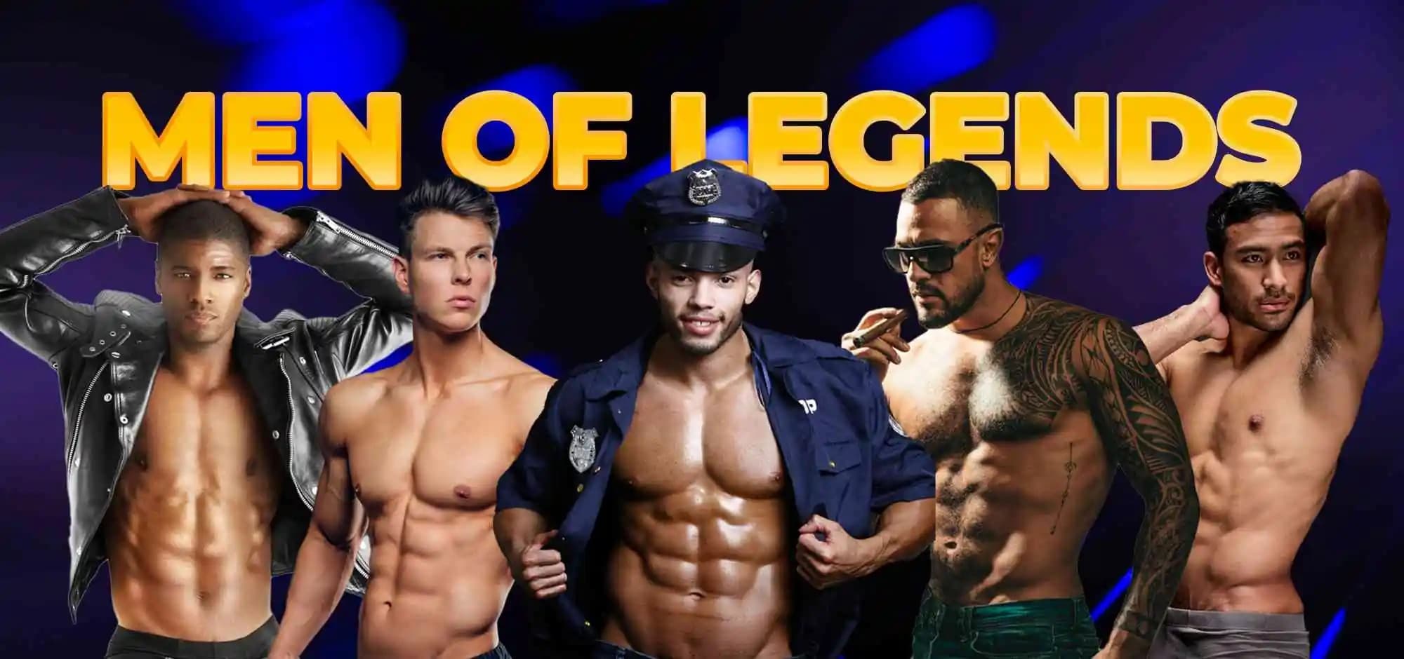 Shirtless male models posing in studio banner for entertainment