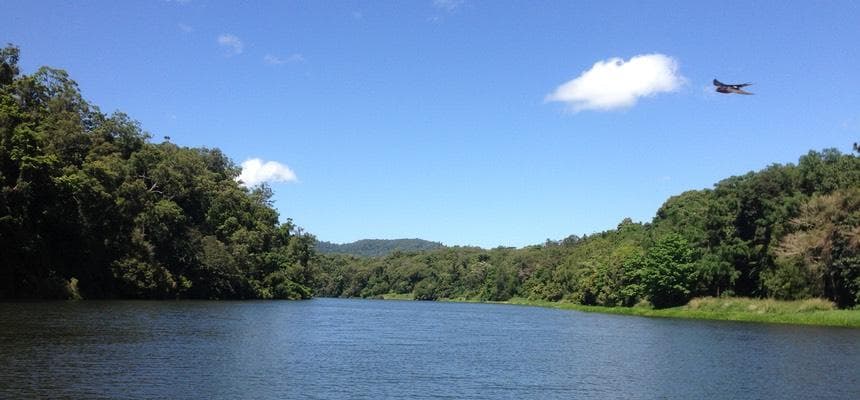 Scenic Kuranda River landscape with calm water and rainforest