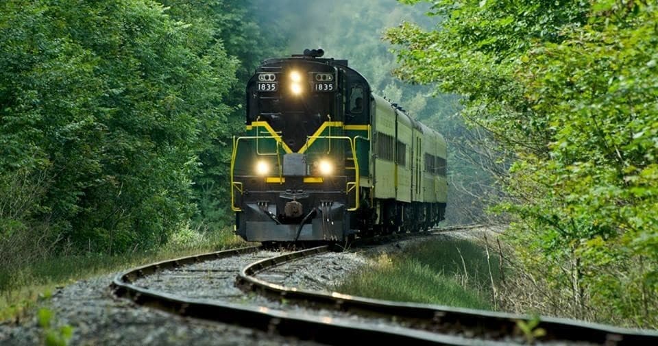 Scenic green locomotive rounding forested curve on Adirondack rails