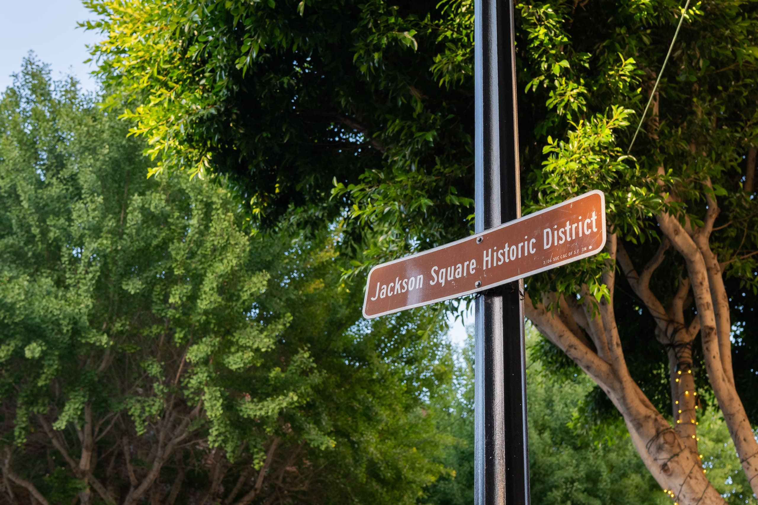 Jackson Square street sign guiding walking tours under trees in New Orleans