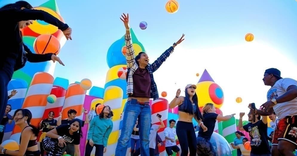 People jumping on colorful inflatable at outdoor festival under blue sky