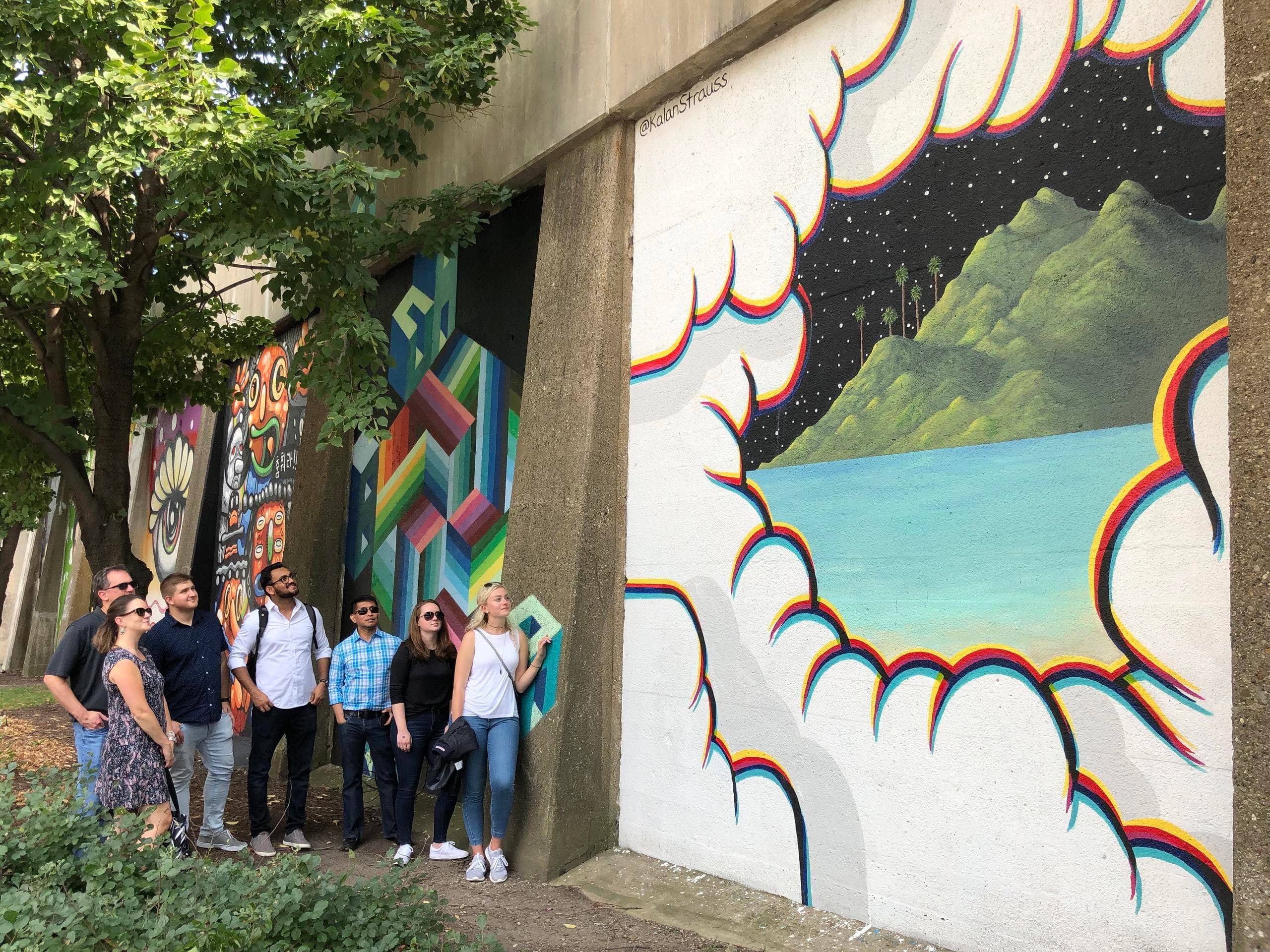 Group viewing outdoor mural on concrete wall, urban street art tour
