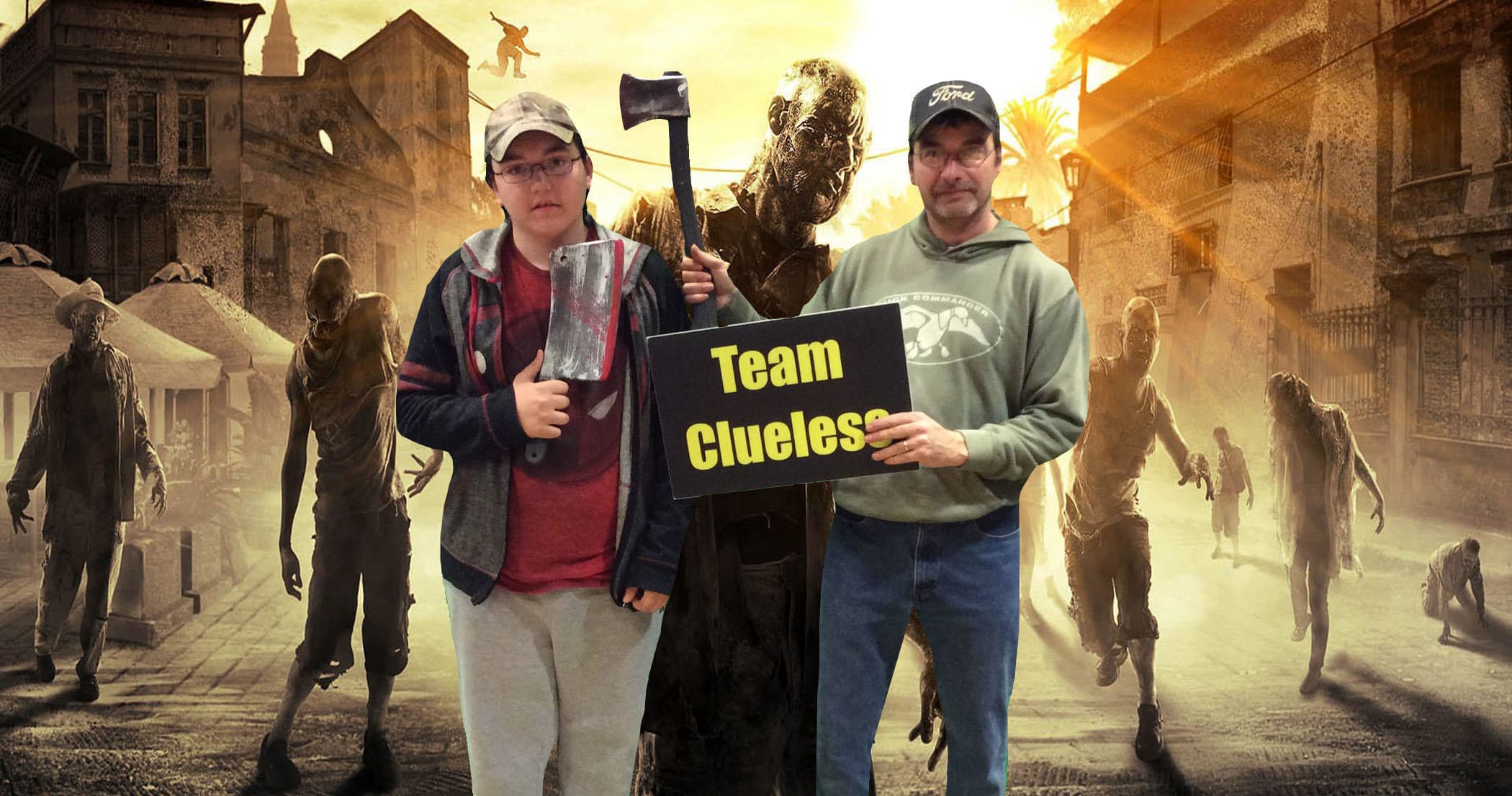 Team posing in deserted urban street with zombie apocalypse theme