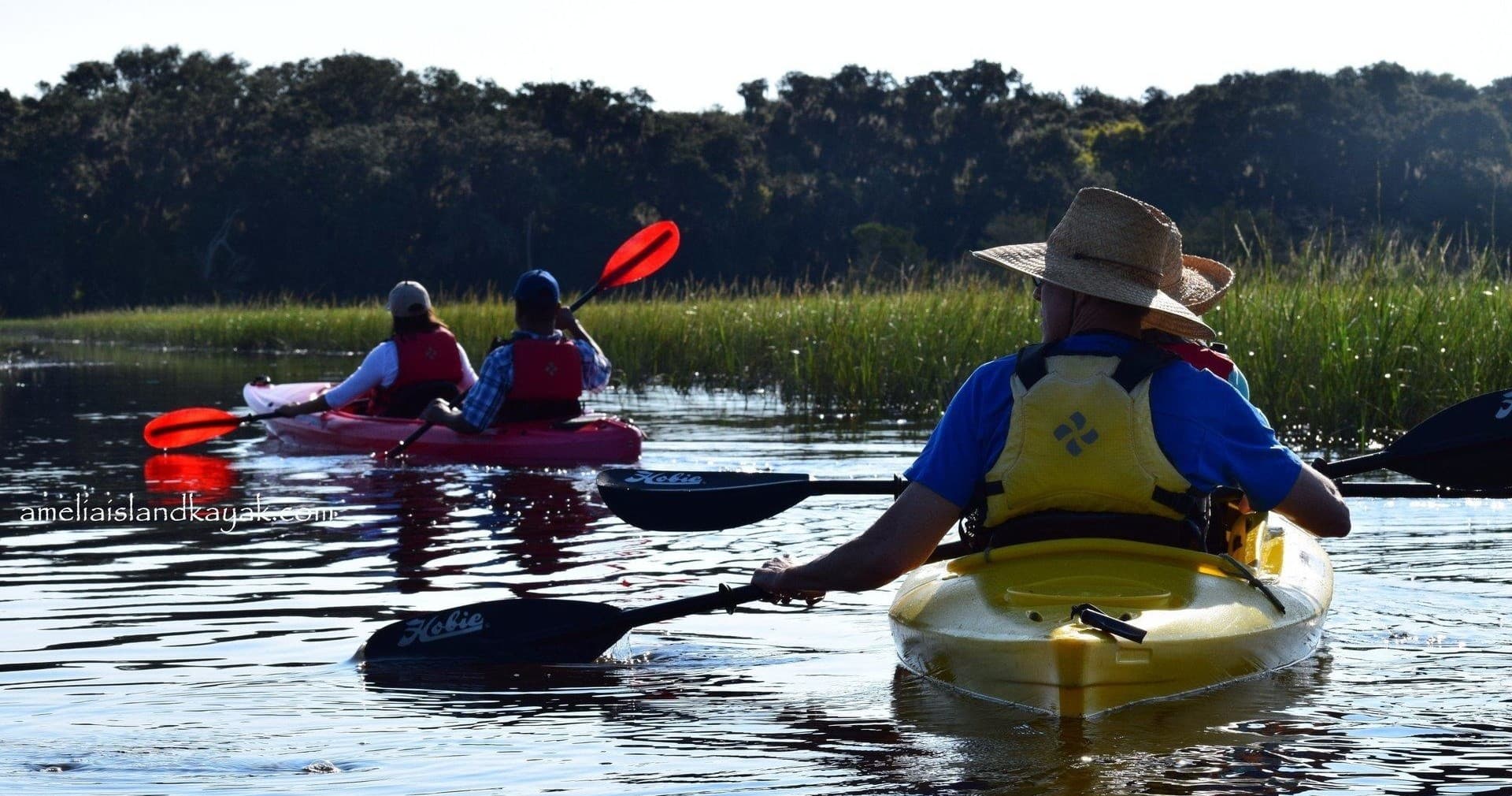 Solo guide leading tandem kayaks through tidal creek marsh