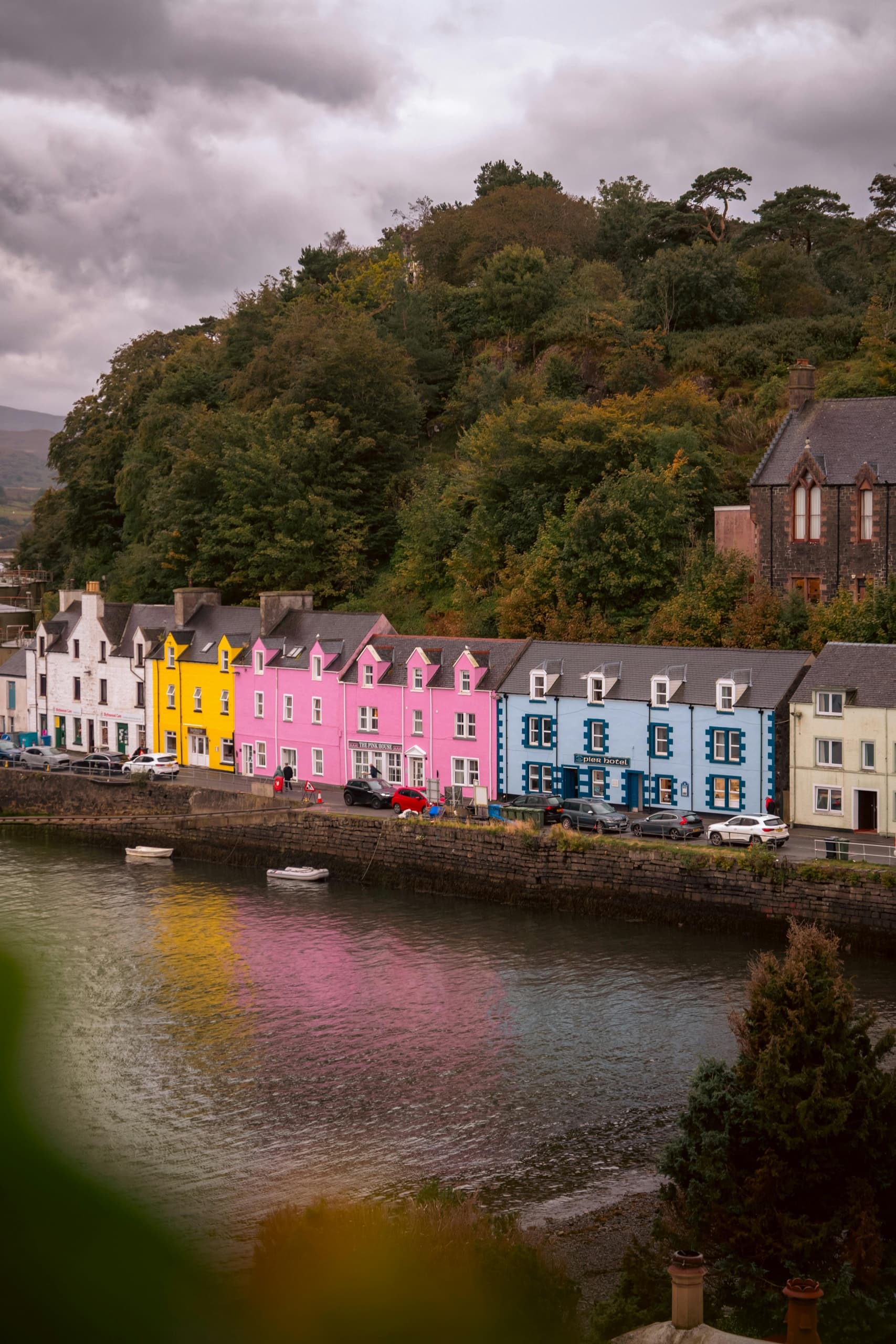 Colorful waterfront village row on sheltered bay in the Highlands