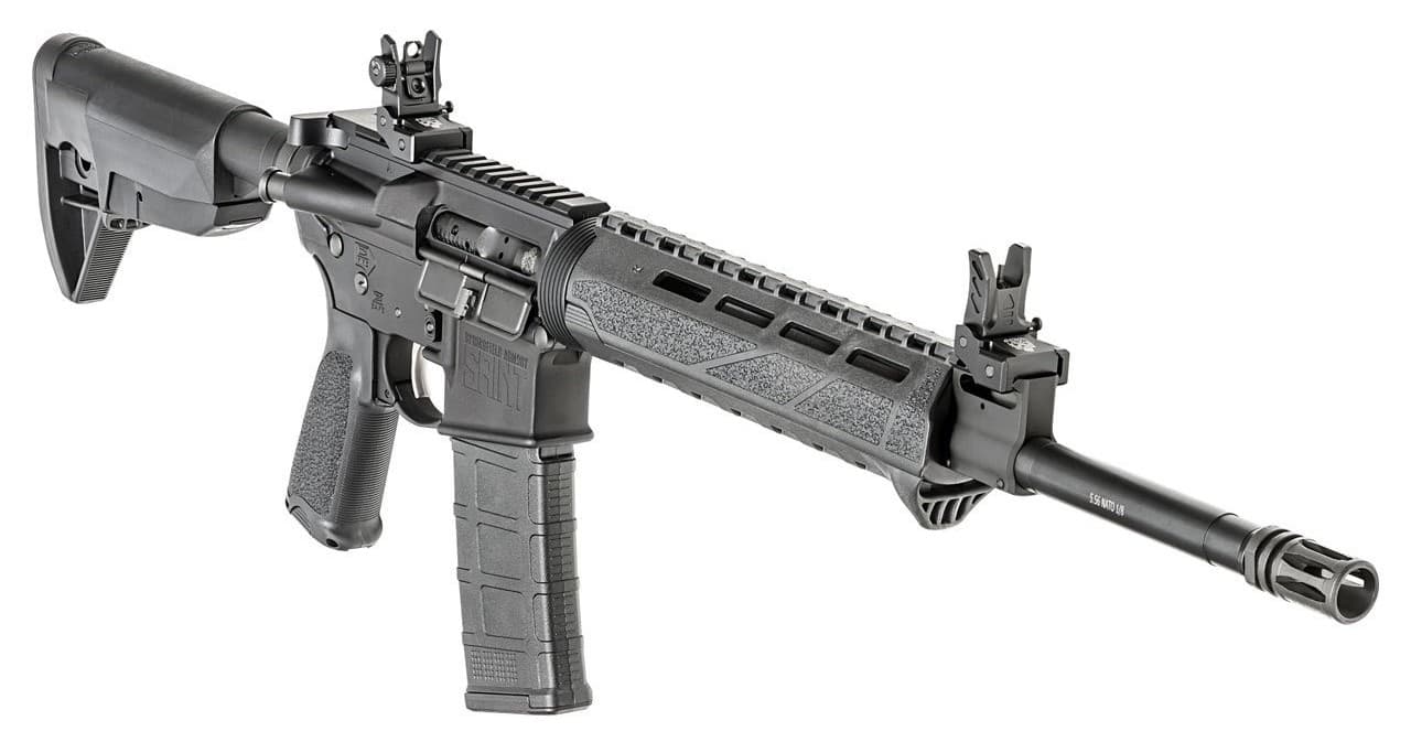 Modern AR-style rifle product shot on white background, angled