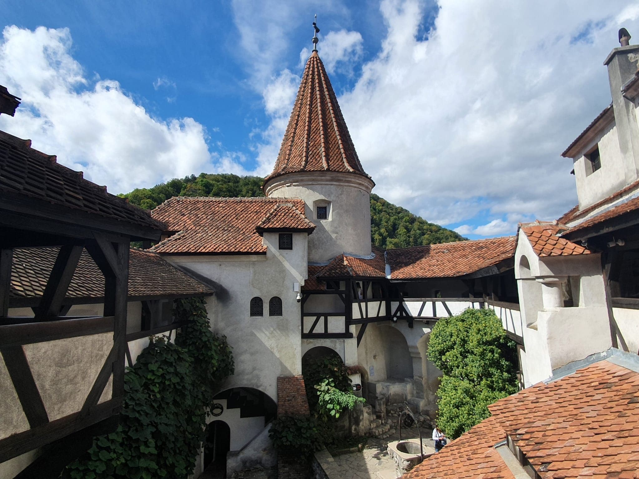 Scenic medieval castle rooftops and courtyard at historic fortress