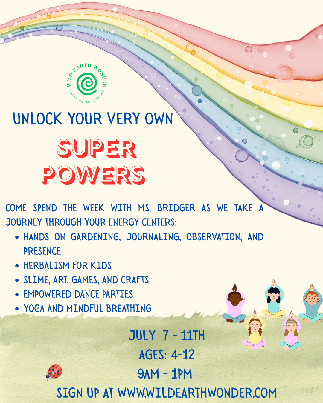 Colorful summer kids camp flyer promoting outdoor nature energy centers