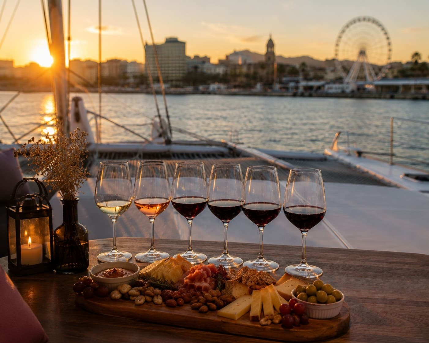 Sunset yacht wine tasting with harbor skyline and ferris wheel