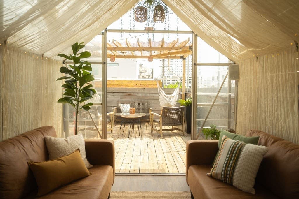 Private Rooftop Cabana at Welltown Brewing: Skyline Views and Urban Greenhouse in Tulsa