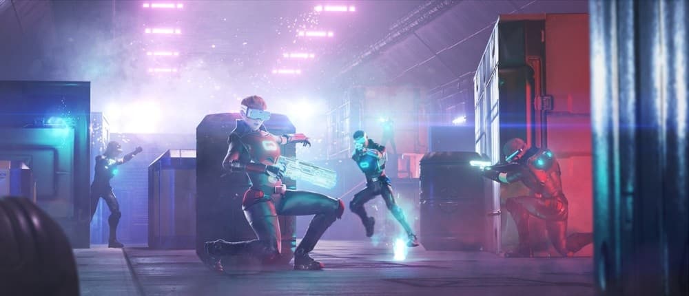 Tactical team in neon-lit urban interior during action scene