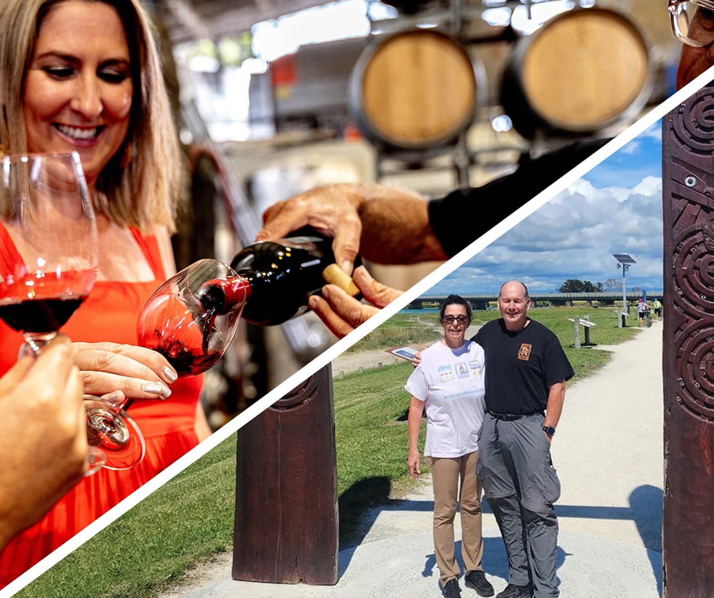Winery tasting scenes with wine pouring and outdoor barrel room walk