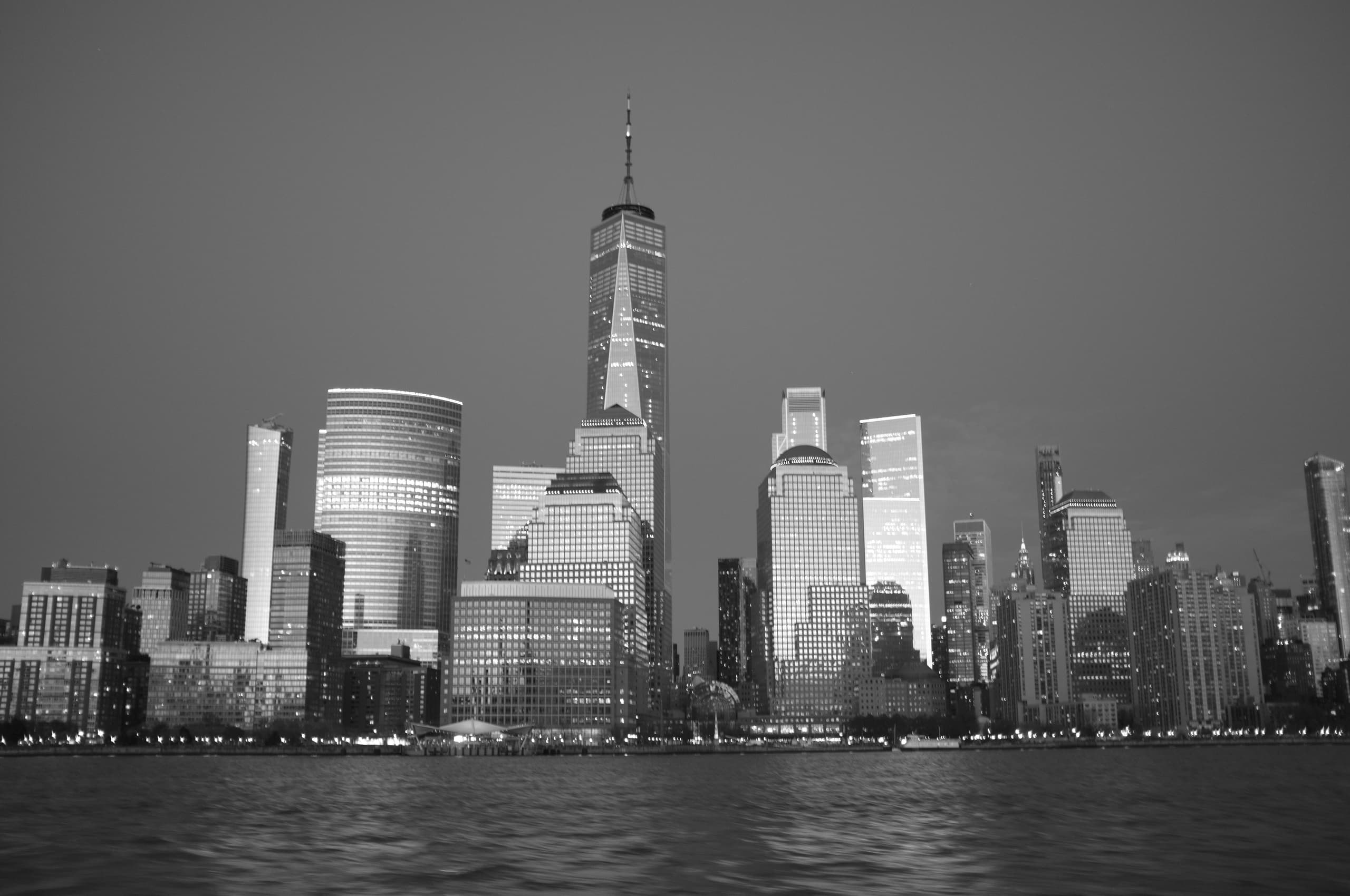 Panoramic black and white Manhattan skyline over Hudson River