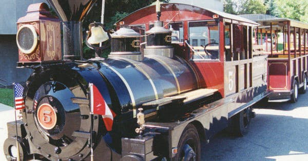 Scenic heritage train car array parked by tree-lined roadway