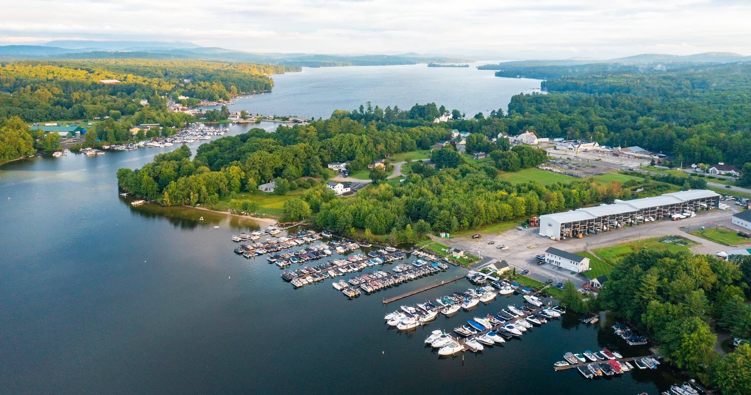 High-angle lakeside marina view with boats and green trees