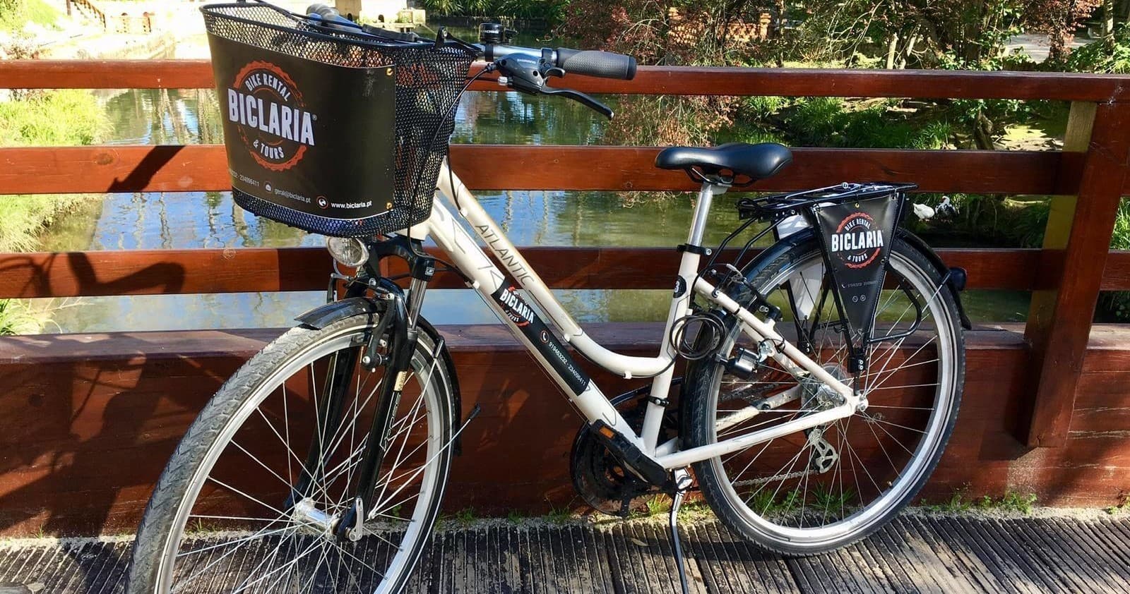 Classic rental bicycle with basket parked on wooden bridge trail