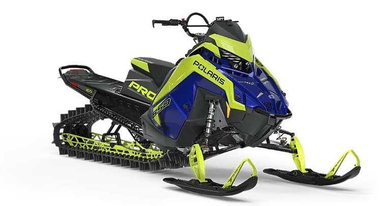Lime and blue high-performance snowmobile on white backdrop