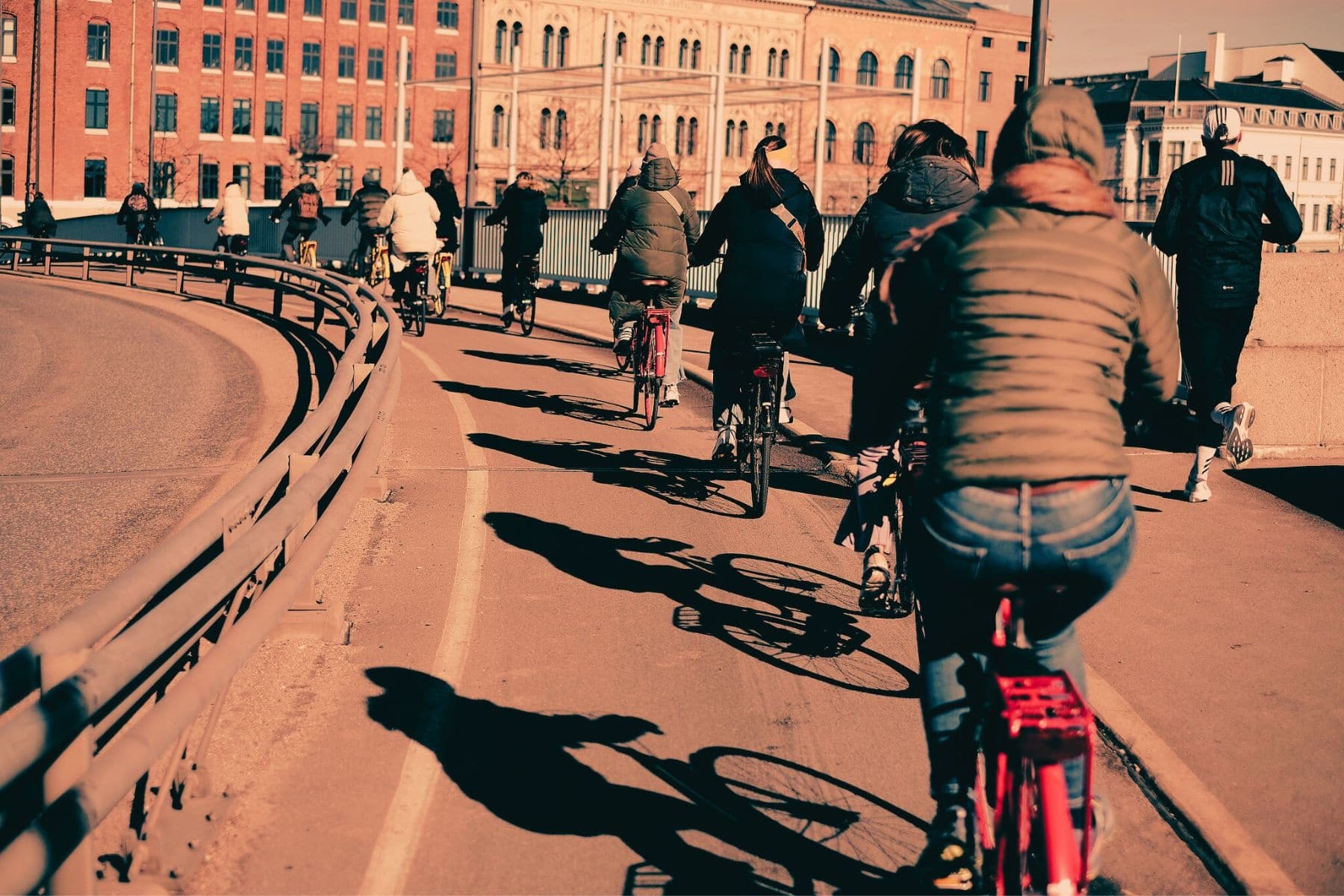 Cyclists riding through Copenhagen streets on guided bike tour