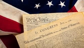Historic Declaration and American flag document, archival image
