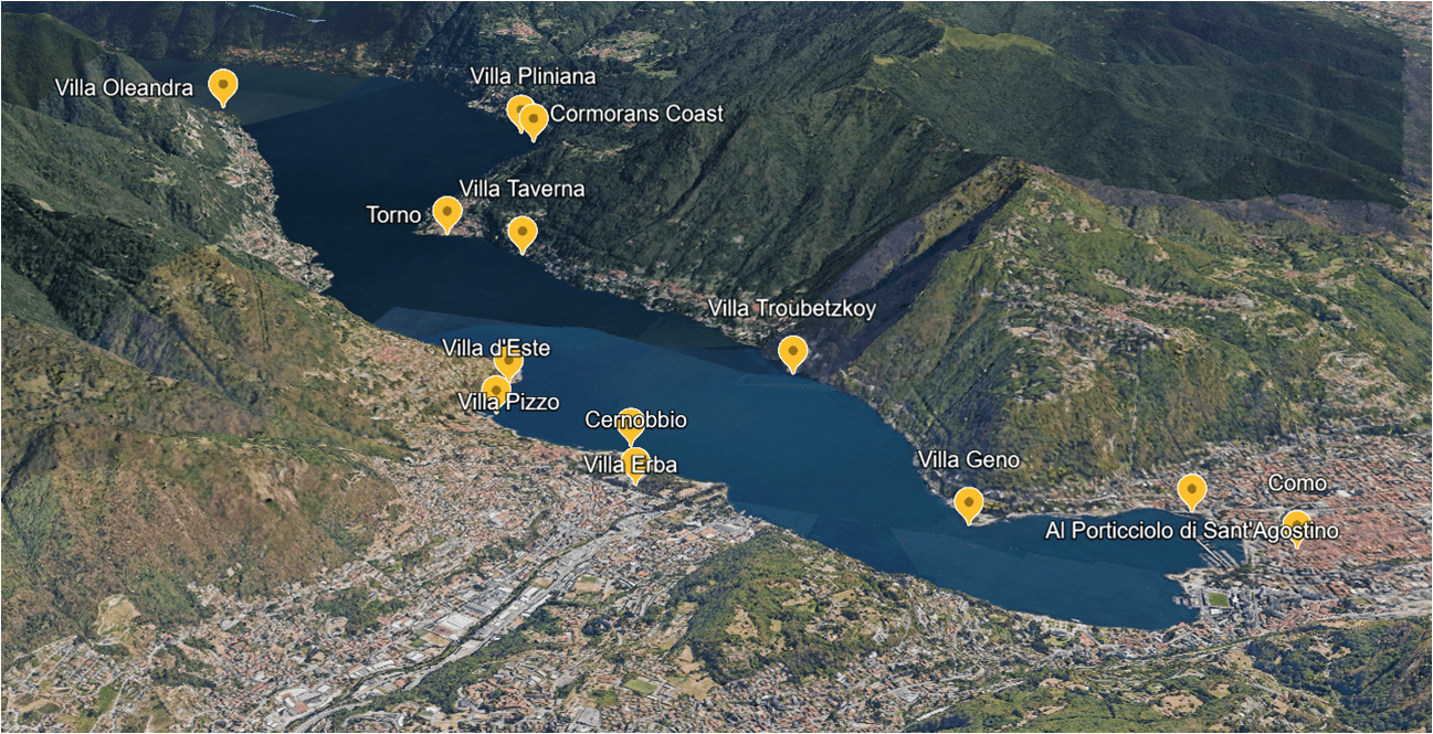 Aerial satellite view of Lake Como bay with surrounding hills