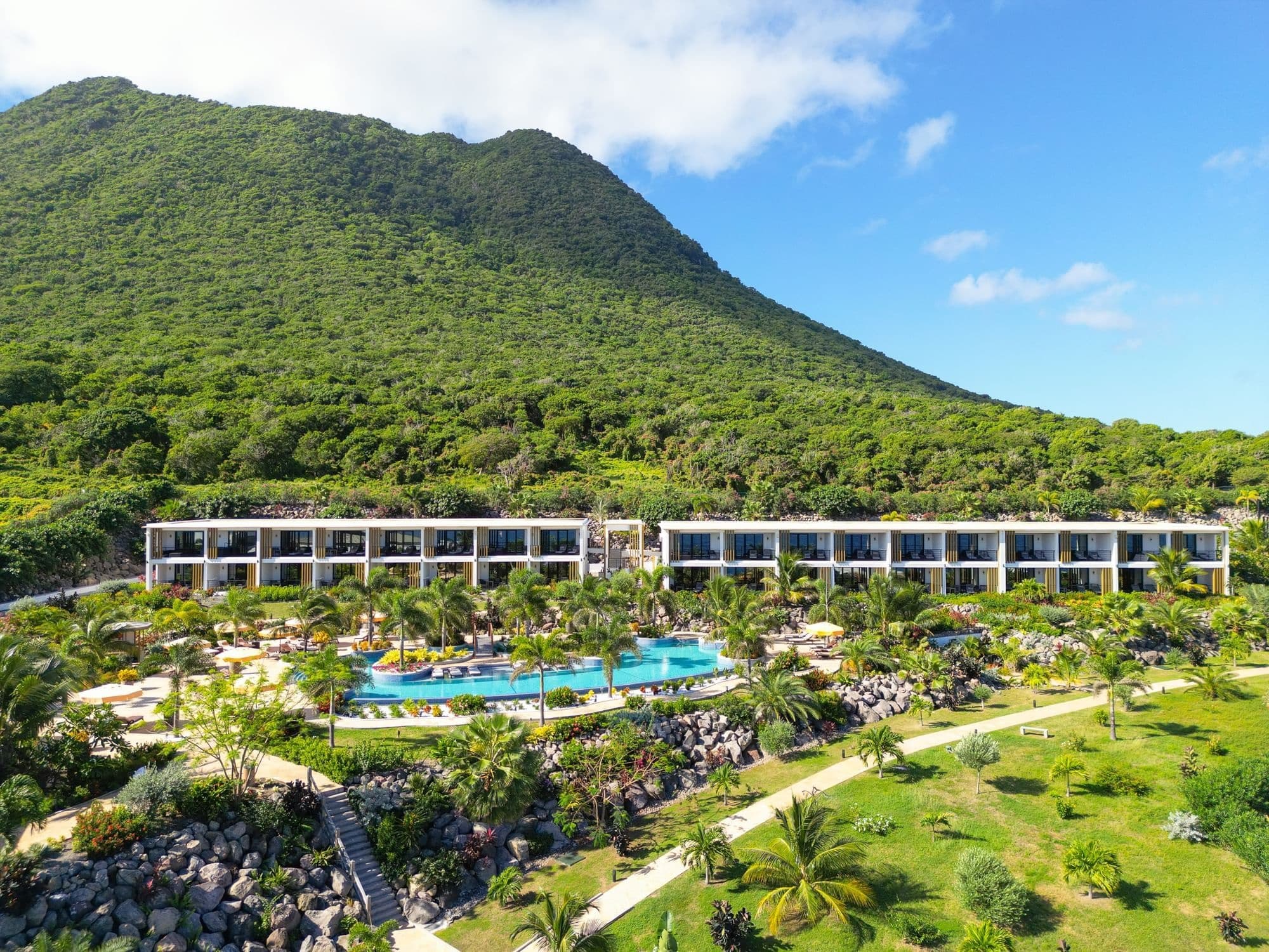 Aerial resort and tropical island with scuba diving trips
