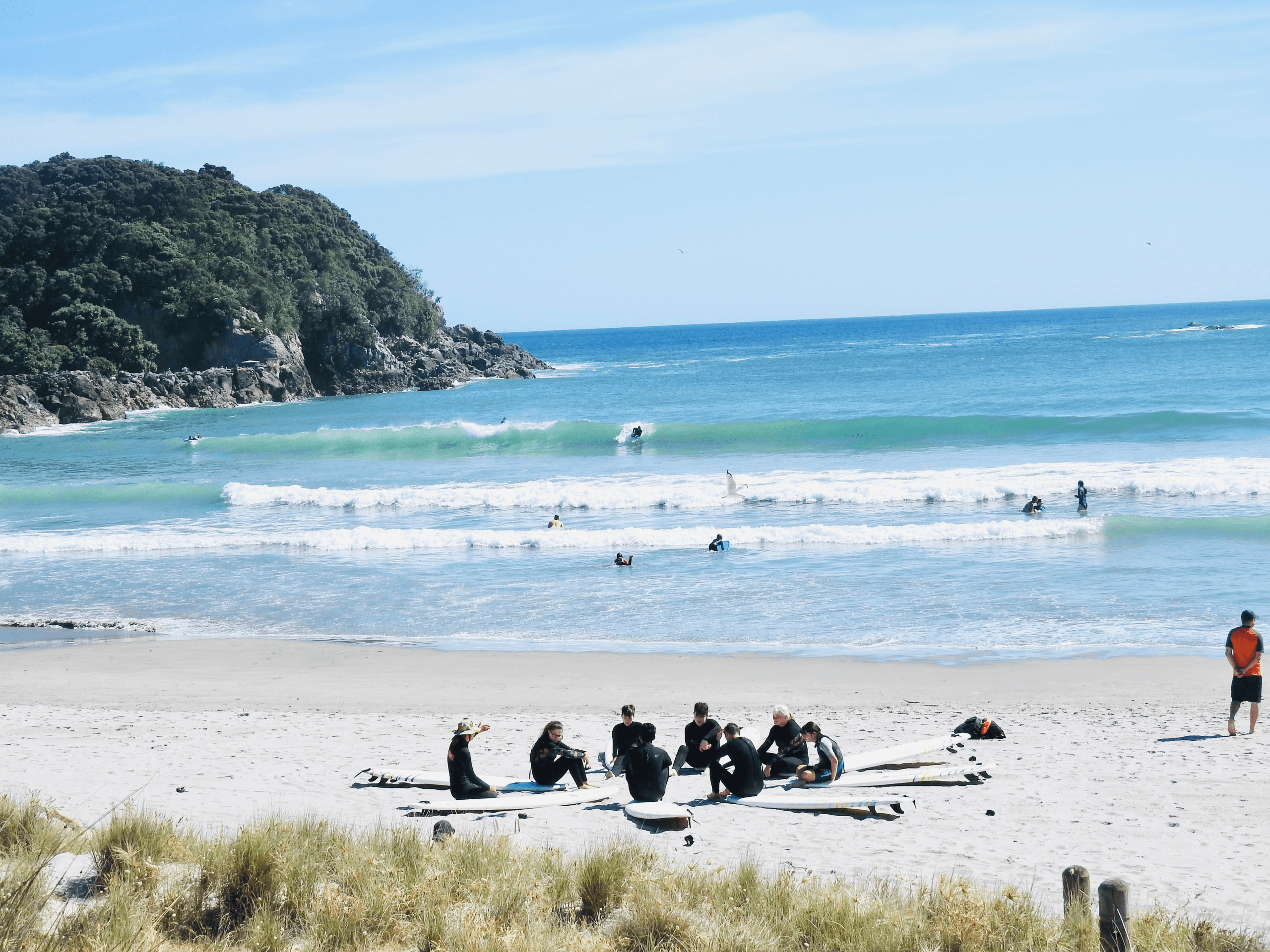 Surfers and beach novices on sandy bay with turquoise ocean