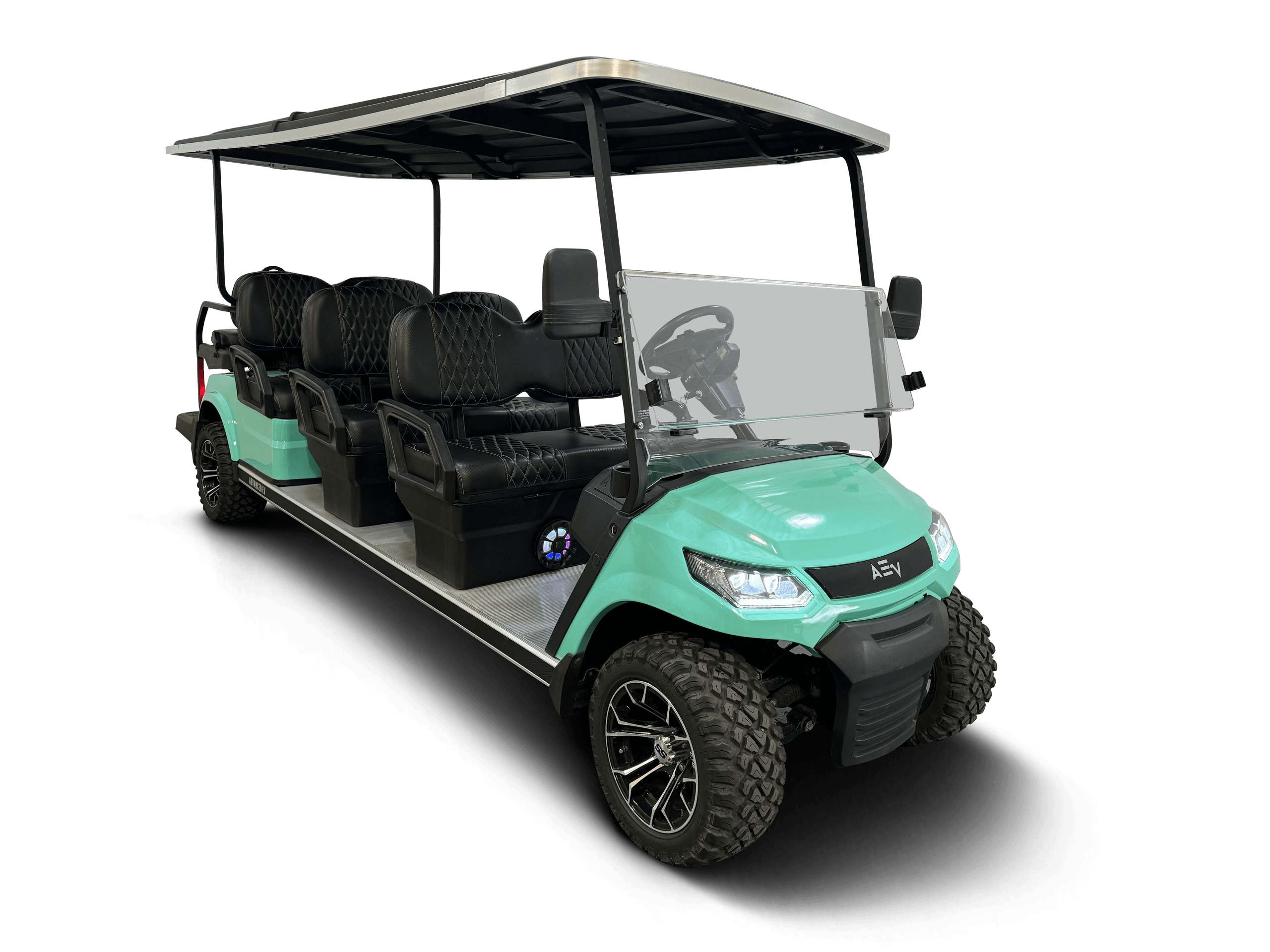 Mint green street-legal golf cart parked on white backdrop