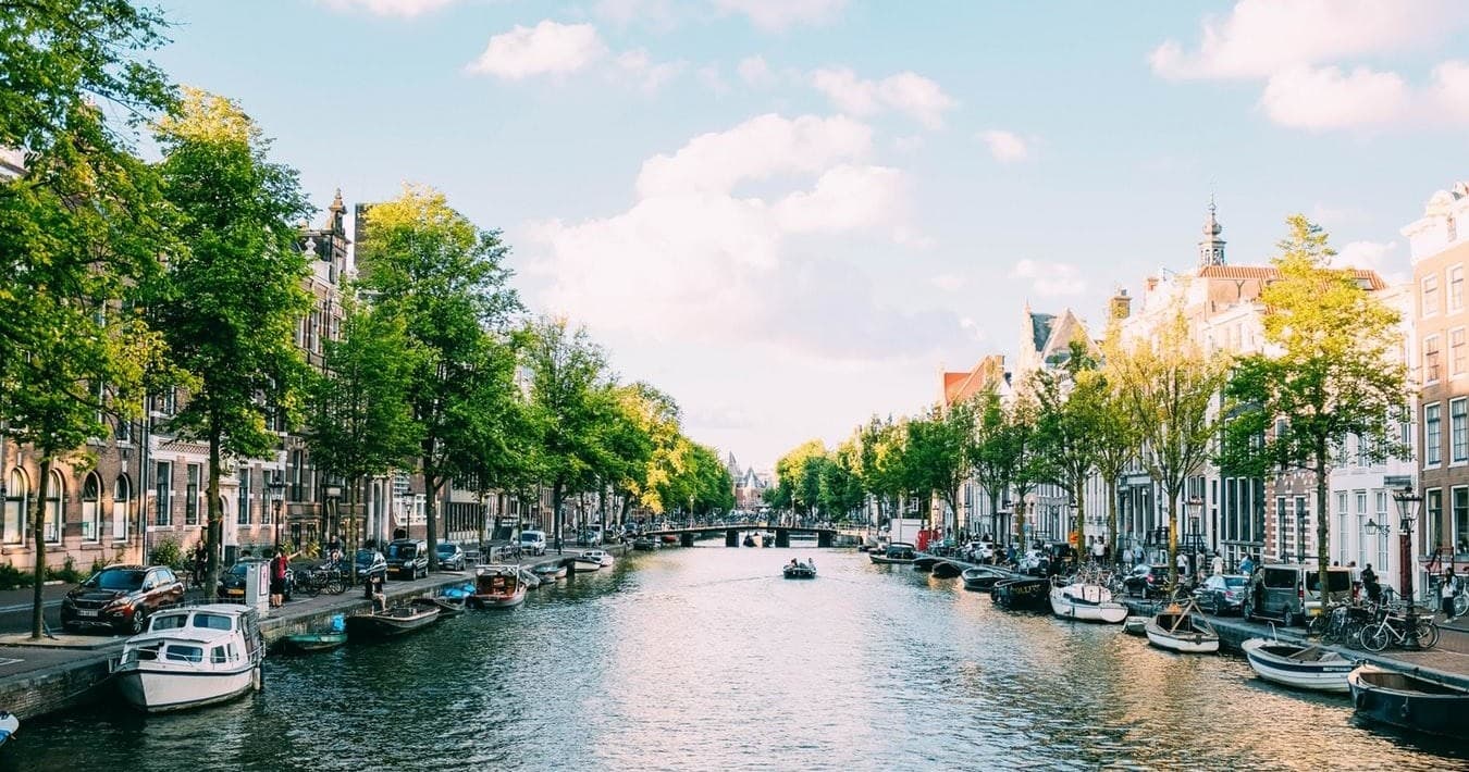 Canal boat tour through tree-lined Amsterdam canal, scenic city cruise